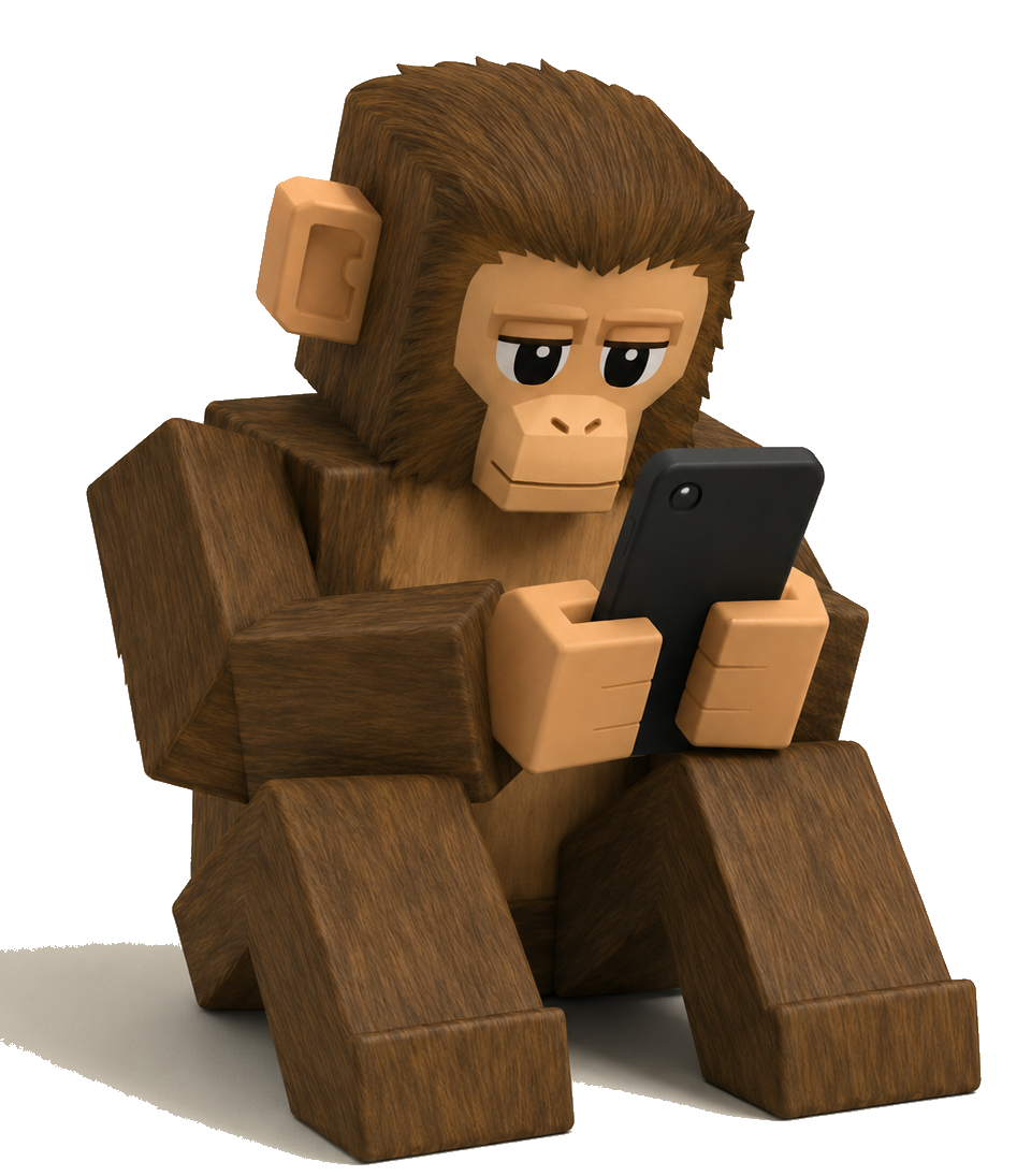 A blocky ape holding a phone